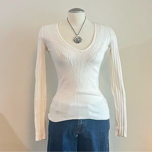 ‼️SOLD Guess v neck white long sleeve top with beaded sequin details